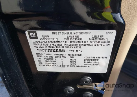 2003 Chevrolet Trailblazer Lt from USA, damaged, VIN 1GNDT13S632238818